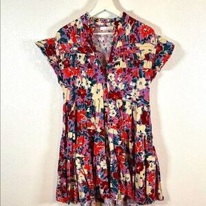 Karlie Floral Tiered Pin Tuck Ruffle Sleeve Linen Mini Dress Size Large
